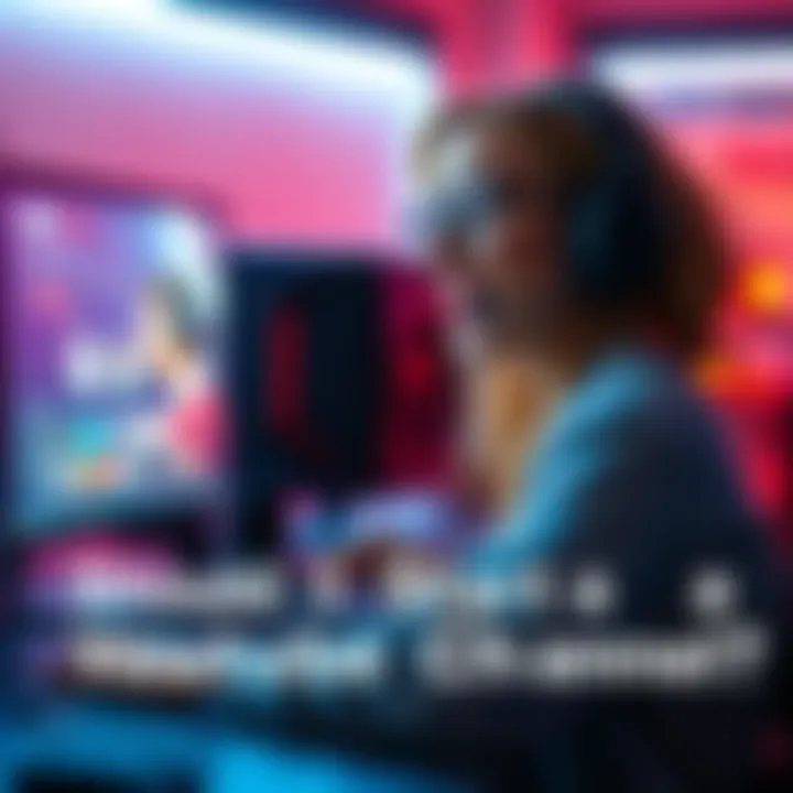A female gamer with a headset excitedly looking at her computer screen while preparing to start her YouTube channel for gaming content.