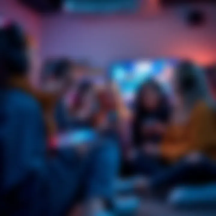 A group of female gamers chatting and playing mobile games together, enjoying their time on a video call.