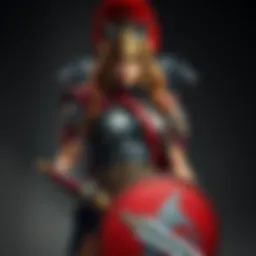 A fierce female gladiator stands confidently, armed and ready for battle, adorned with wolf motifs symbolizing revenge. Her expression is determined, reflecting her quest for justice after her father'...