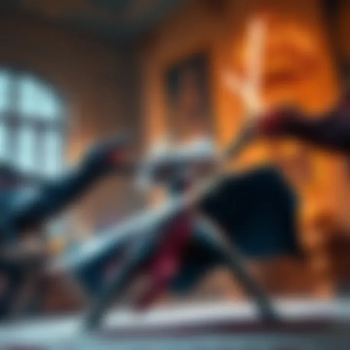 A female hero battles dragons in a grand mansion during a feast, showcasing sword combat and her ability to change appearances.