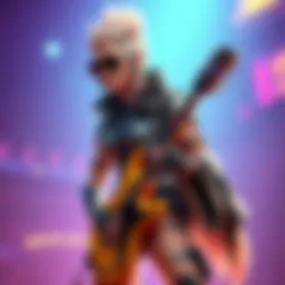 Female version of Johnny Silverhand A female character inspired by Johnny Silverhand, wearing futuristic clothing, with a bold hairstyle and a confident stance, holding a guitar
