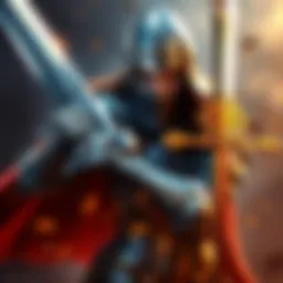 A fierce female knight in shining armor holding a sword, ready for battle.