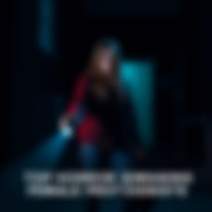 A female character standing in a dark, eerie environment, holding a flashlight, with shadows and spooky elements around her, representing horror games