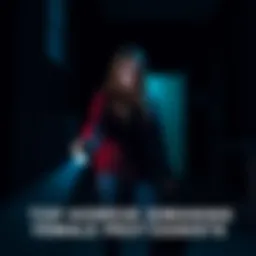 Female Protagonists in Horror Games A female character standing in a dark, eerie environment, holding a flashlight, with shadows and spooky elements around her, representing horror games