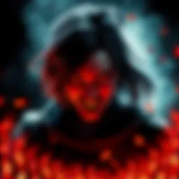 A terrifying female villain from Resident Evil with a menacing expression and dark attire, surrounded by horror elements.