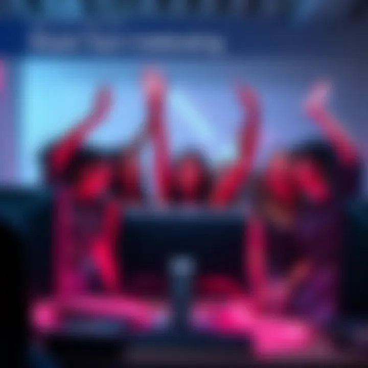 A diverse group of female game developers celebrating around a computer, highlighting teamwork in game development.