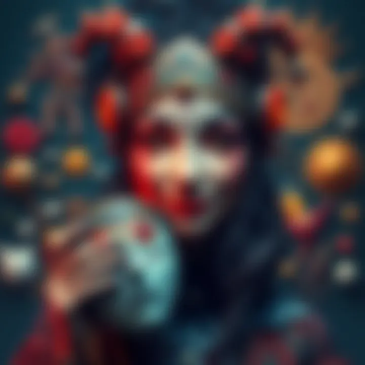 A female trickster character smiling while holding a mask, surrounded by symbols of various cultures and folklore elements.