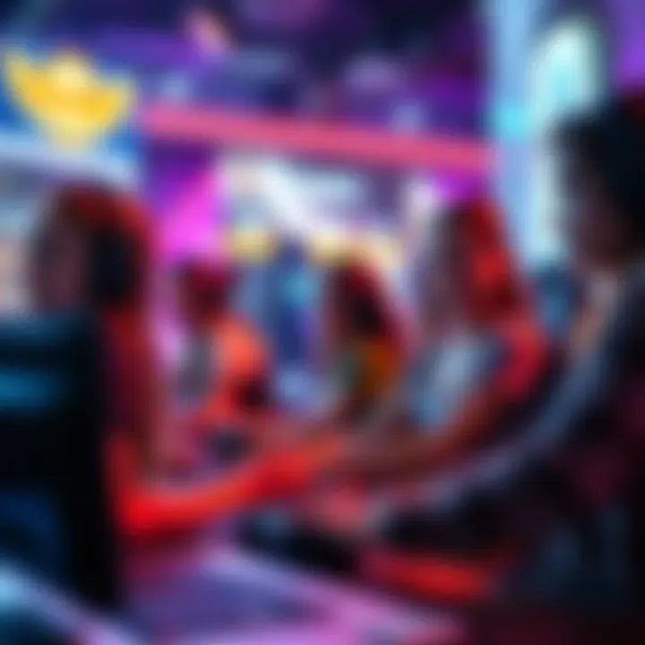 A group of female gamers engaged in playing video games, showcasing their passion and camaraderie in a vibrant gaming setting.