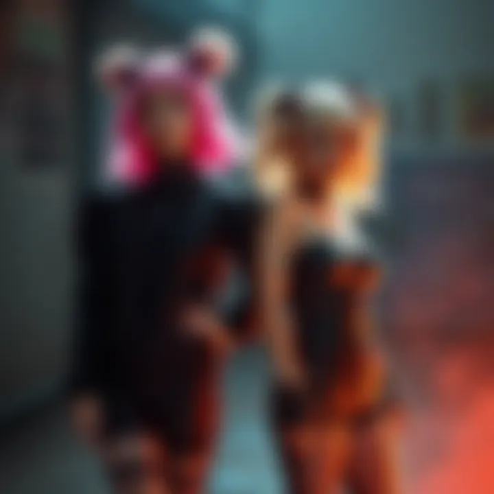A femboy with vibrant, colorful hair and a goth girl in dark, edgy clothing standing together, showcasing their unique fashion mix.