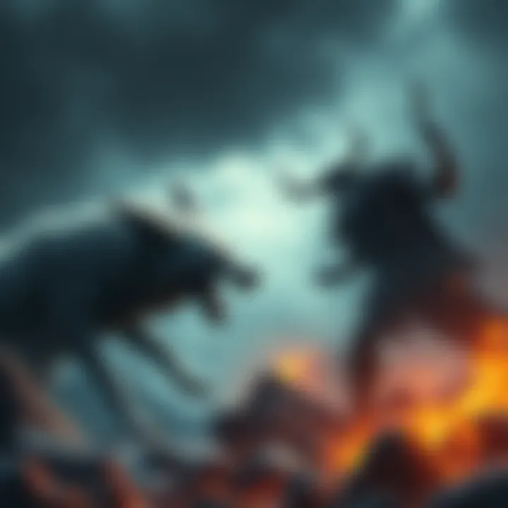 Fenrir, the giant wolf, confronts Odin, the all-father, in a dramatic setting of Nordic scenery