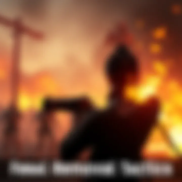 Feral Removal Tactics A character aiming a shotgun at a group of ferals in a survival game setting, with fire in the background and a molotov cocktail in hand, showcasing tactical gameplay actions.