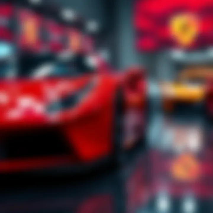 A close-up of a sleek Ferrari car skin featured in a racing game, hinting at an exciting rewards opportunity.