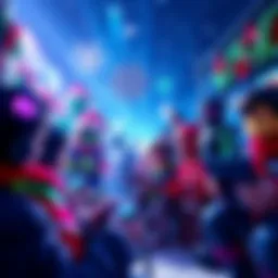 Festive Gaming Celebration A colorful scene with people playing video games, surrounded by Christmas decorations and themed game characters like superheroes and Lego figures. Snowflakes are falling in the background.