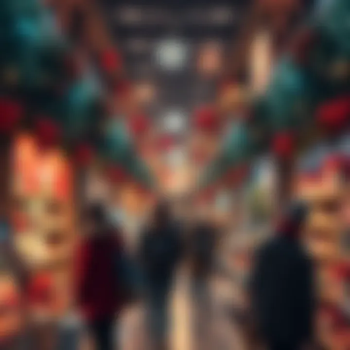 A busy holiday shop filled with shoppers examining gifts and decorations, showcasing sale signs and cheerful atmosphere.