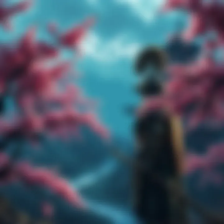 Feudal Japan Scene A scene depicting a lush feudal Japan landscape with cherry blossom trees and a warrior character in traditional armor, reflecting on a journey in the game Rise.