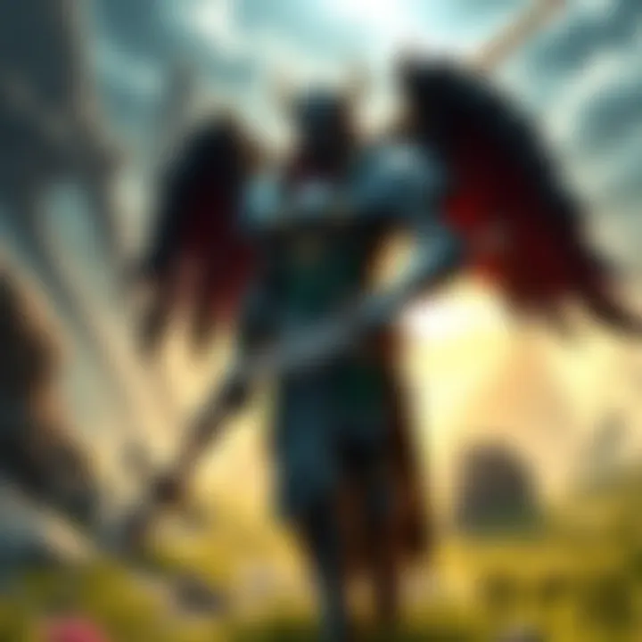 A character wearing unique FFXI Artifact Armor in a fantasy landscape with weapons in hand.