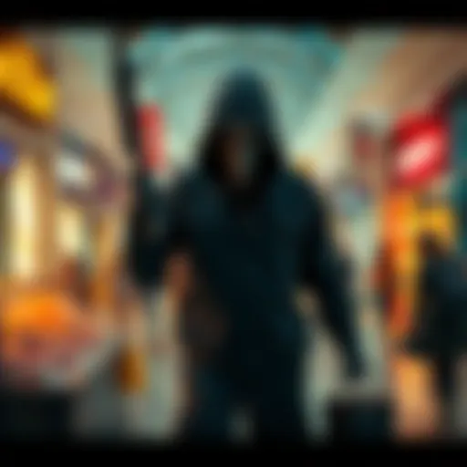 A fictional killer stands in a busy mall, surprising shoppers and creating an atmosphere of chaos and fear.