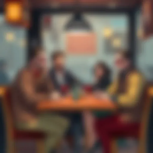 A creative illustration showing four fictional killers sitting at a dinner table, having a light-hearted conversation while dressed in casual outfits, set in a cozy café.