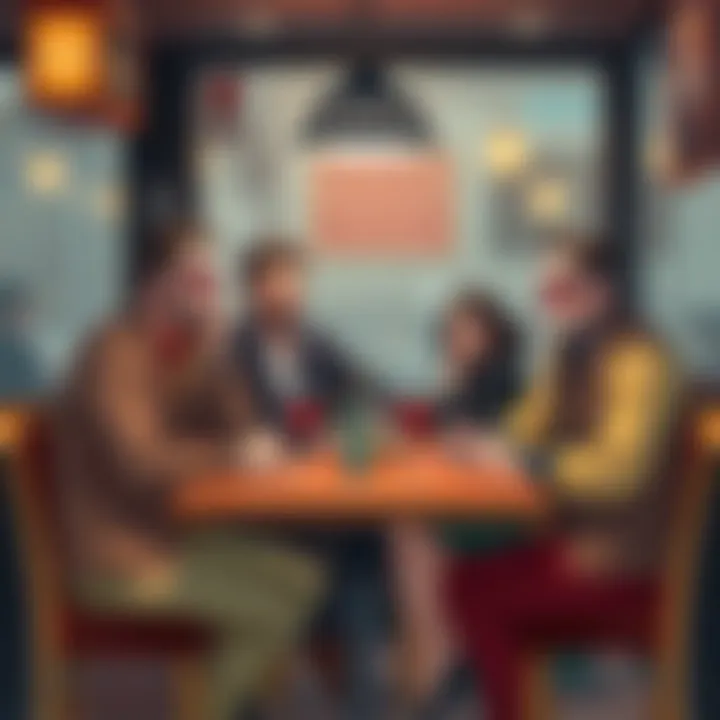A creative illustration showing four fictional killers sitting at a dinner table, having a light-hearted conversation while dressed in casual outfits, set in a cozy café.
