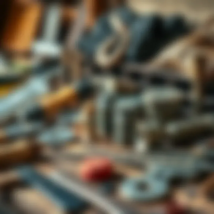 A collection of unexpected items found in a Field Proficiency Cache, including tools and artifacts, arranged on a wooden table