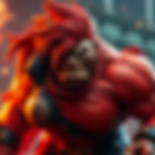 A fierce-looking video game boss featuring striking red hair and an imposing stance, ready for battle.
