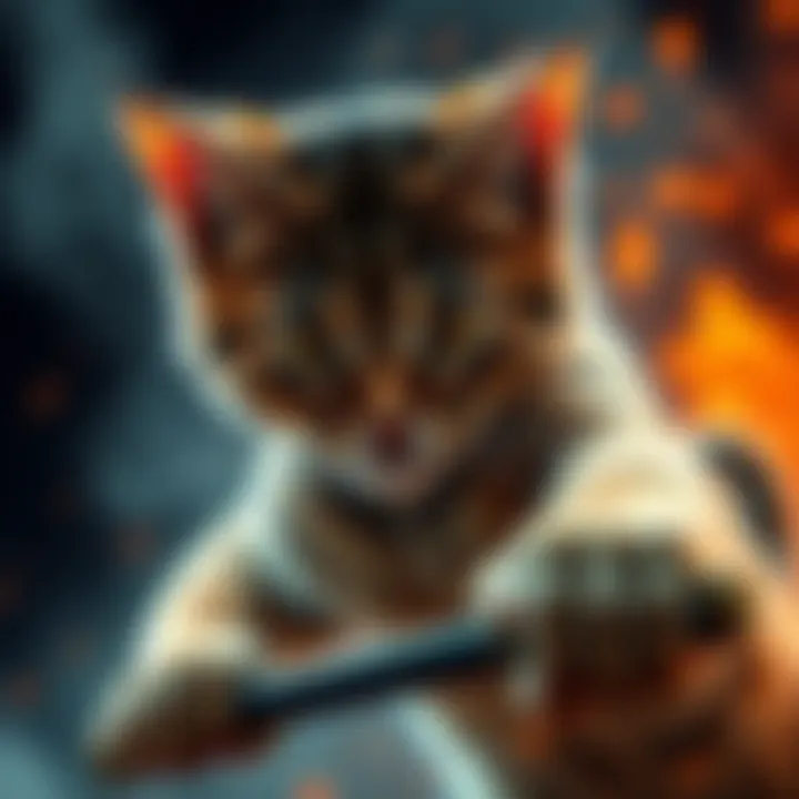 A brave cat in battle stance, showcasing its skills and agility with a determined expression.
