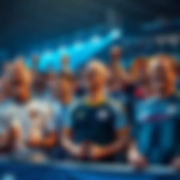 A group of soccer fans wearing jerseys, cheering and discussing their favorite teams and players.