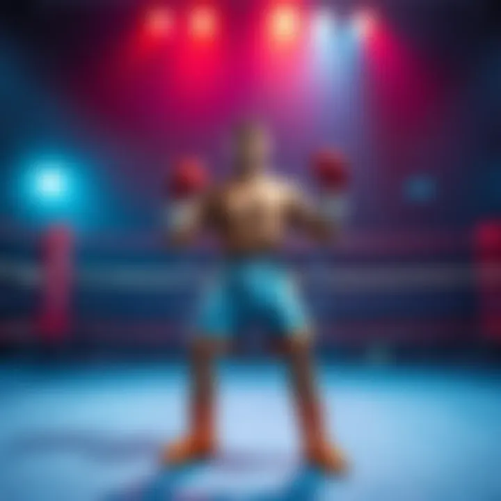A character stands confidently in a boxing ring, preparing to fight without enhancements against an opponent.