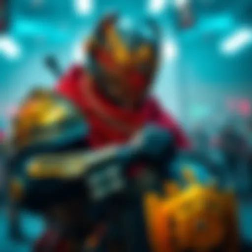 A gamer in a virtual setting, selecting new armor and weapons to improve their strategy against a tough opponent.