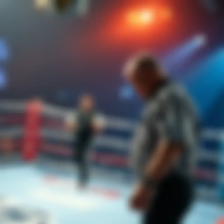 A fighter stops in the ring, looking distressed while the referee approaches him