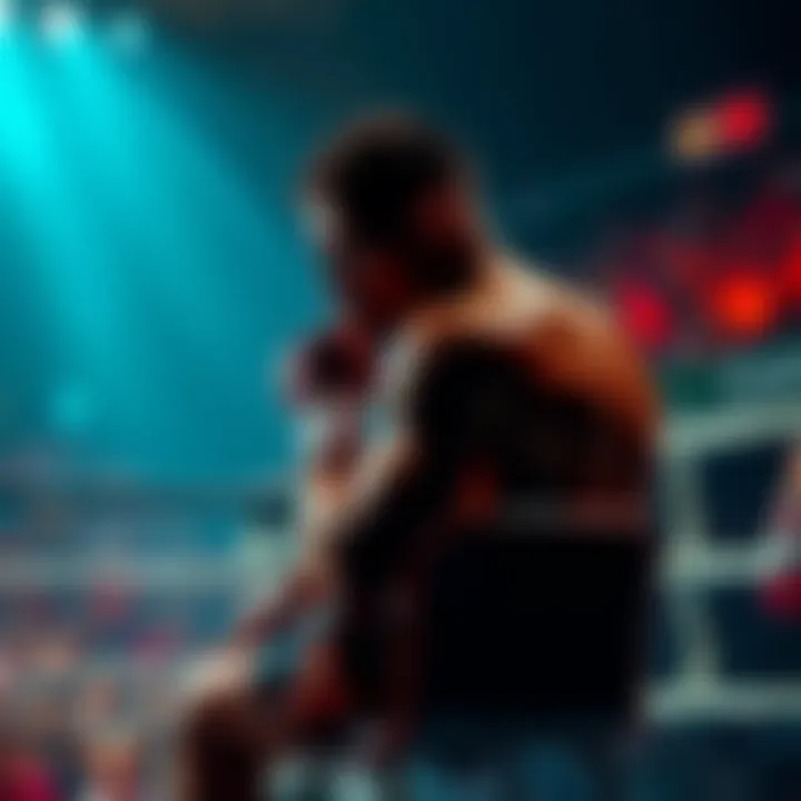 A fighter sitting on a stool in the ring, deep in thought, with reflections of the match on their face, surrounded by a cheering crowd.