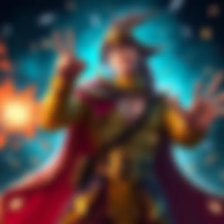 A muscular fighter wearing a flashy sorcerer outfit, casting a magic spell with a confused expression, surrounded by sparkles and magical effects.