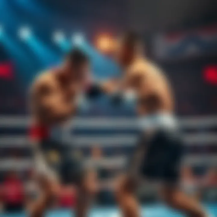 Two fighters engaging in a close contest in the boxing ring, with fans cheering in the background