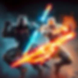 Two melee fighters representing light and dark styles, one in bright armor and the other in dark, engaged in combat.