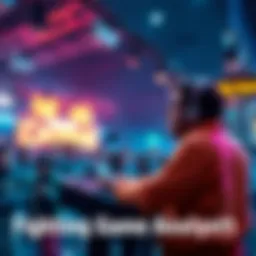 A fighting game analyst speaking at a podium about negativity in game critique, with a crowd of gamers in the background listening attentively.