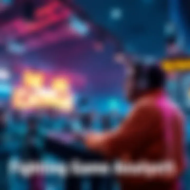 A fighting game analyst speaking at a podium about negativity in game critique, with a crowd of gamers in the background listening attentively.