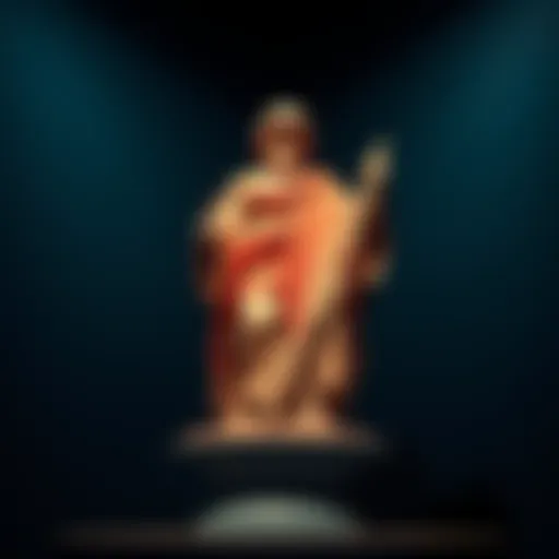 A figure representing Benjamin, possibly at his death, displayed on a pedestal with a soft light