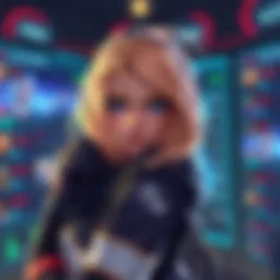 A character named Fika, a female figure with gaming attire and a determined expression, surrounded by a digital interface reflecting ranked match statistics and player reactions.