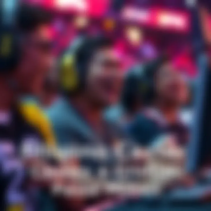 A Filipino caster reacts playfully during an esports event, causing fans to pause and laugh together. The atmosphere is filled with joy and lightheartedness as commentators share in the moment.