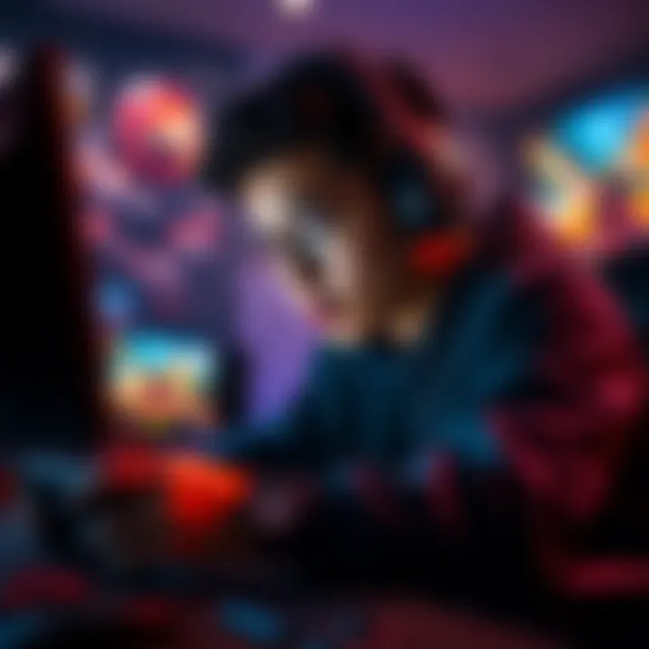 A dedicated player known as 'Filipino Assassin' intensely focused on gaming, surrounded by colorful game visuals from Fall Guys.