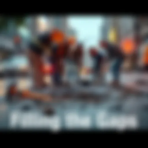 Filling the Gaps A group of people collaborating to fix a large pothole on a busy street, symbolizing community effort in addressing infrastructure issues