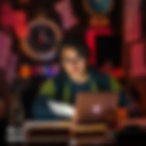 A young filmmaker surrounded by script notes and a laptop, brainstorming ideas for a Manhunt mini series.
