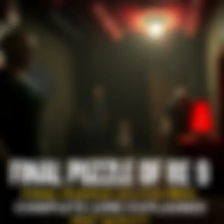 A scene depicting the final puzzle in RE9 with zombies and a mysterious doll in a dark basement setting