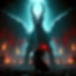 A player character facing a large, menacing dragon in a dark, mystical arena, with dramatic lighting and intense action.