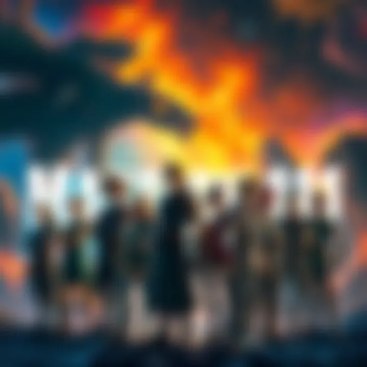 A group of iconic Final Fantasy characters standing together, showcasing their unique designs and styles, set against a vibrant fantasy background.