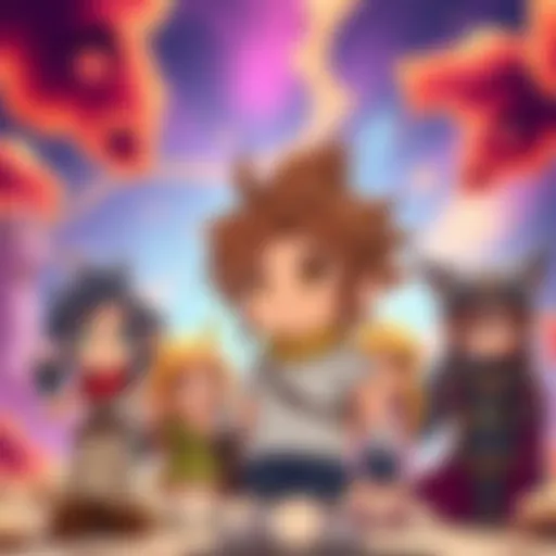 Final Fantasy IX Characters Charming cartoonish characters from Final Fantasy IX against a vibrant pre-rendered background
