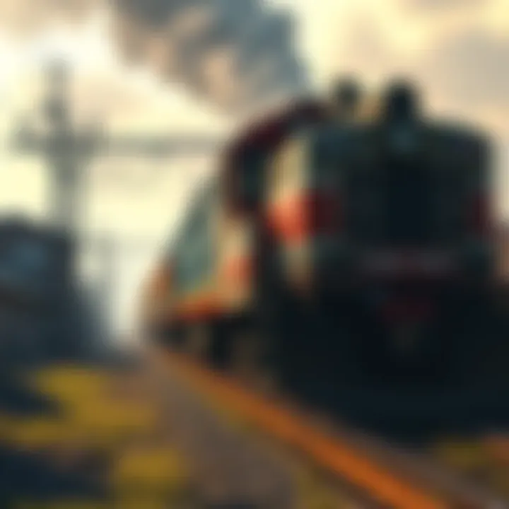 A train traveling through the last railroad city, showing signs of wear and tear, with community members discussing support needs.
