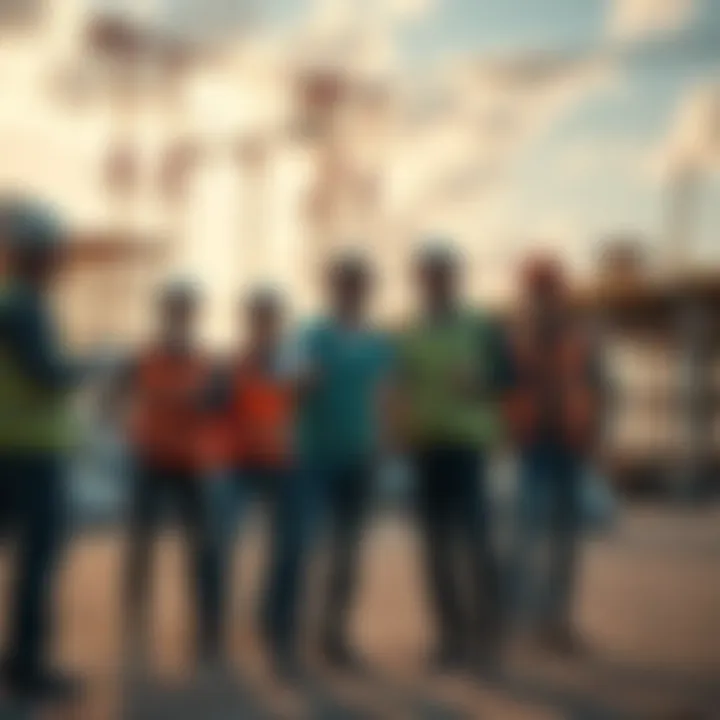 A team of workers collaborating at a construction site, showing determination and excitement as they finalize details of a major project.
