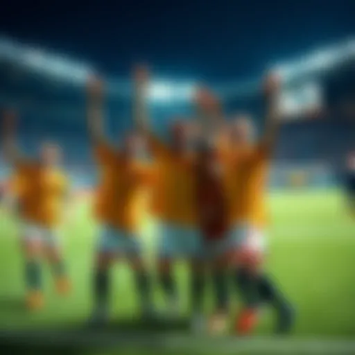 The Finals Team celebrates a victory on the field, showing teamwork and excitement with smiles and raised hands.