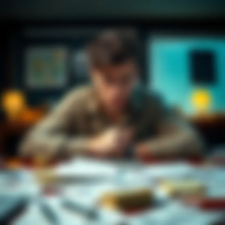 Individual sitting at a table covered with bills and paperwork, showing a worried expression, contemplating their financial future.